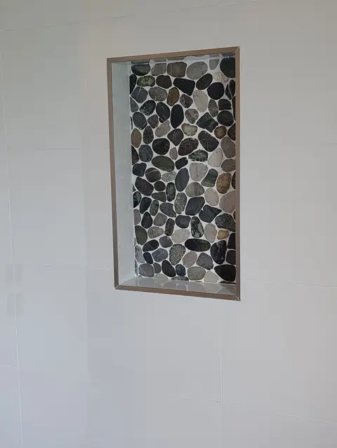 Pebble mosaic recessed niche, real Bellagio Tile & Flooring work photo 21